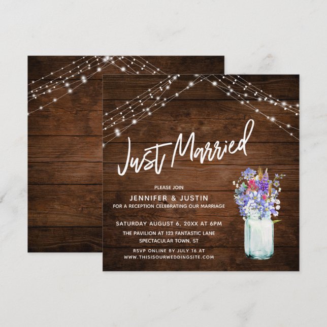 Rustic Lights Just Married Wildflowers in Jar Invitation (Front/Back)