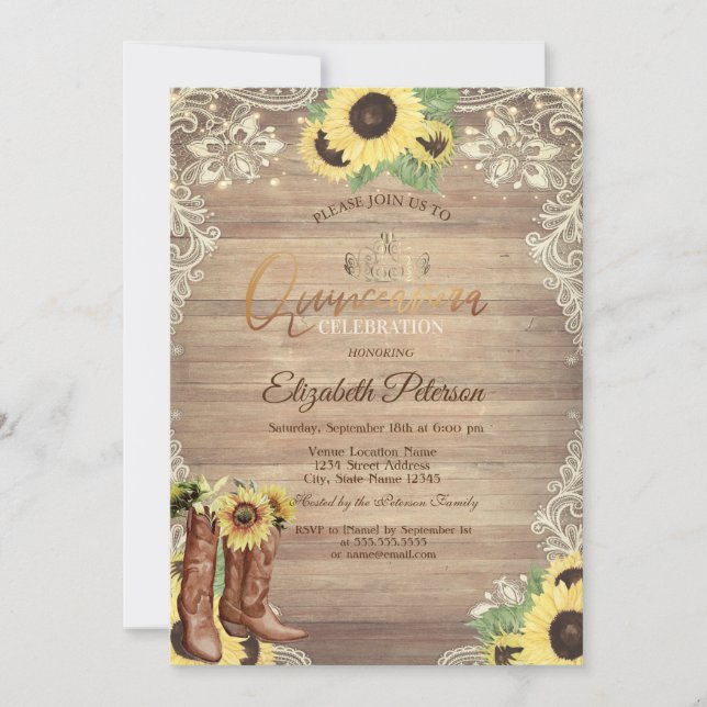 Rustic Lights,Lace,Boots Sunflowers Quinceañera Invitation (Front)