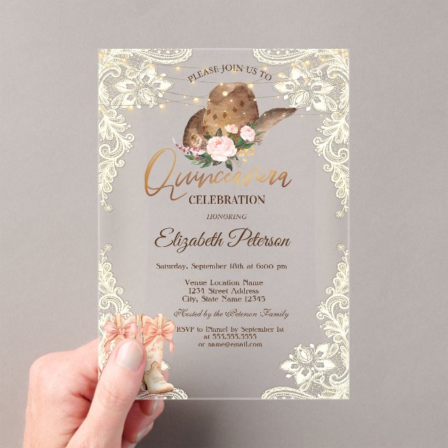 Rustic Lights Lace Cowboy Hat Boots Quinceañera  Acrylic Invitations (Insitu (Handheld))