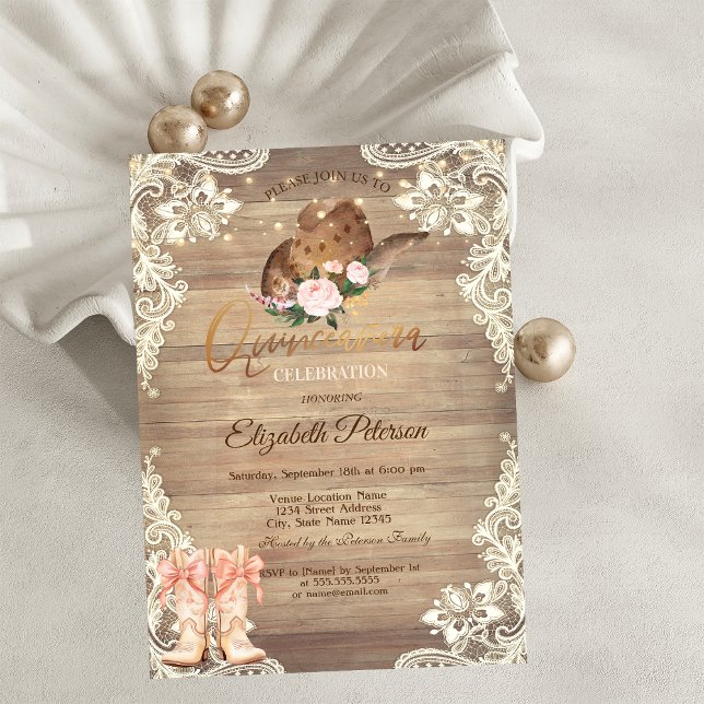 Rustic Lights Lace Cowboy Hat Boots Quinceañera  Invitation (Creator Uploaded)