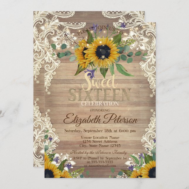 Rustic Lights,Lace Sunflowers Sweet 16 Party Invitation (Front/Back)