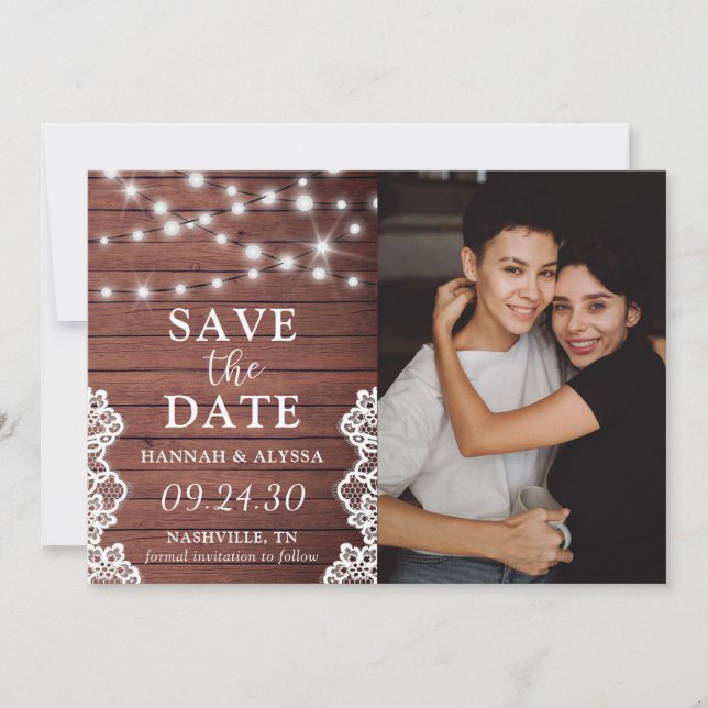 Rustic Lights Photo LGBTQ Save The Date Card (Front)