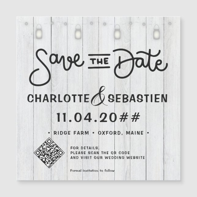 Rustic Lights Script QR Code Save The Date Magnet (Front)
