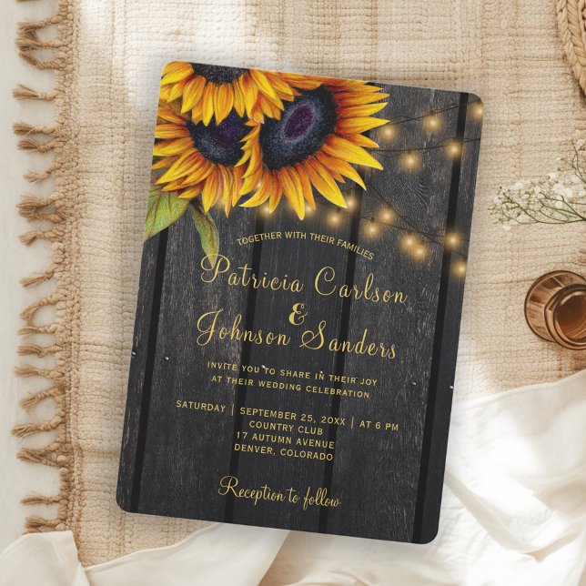 Rustic lights sunflower barn wood wedding invitation (Creator Uploaded)