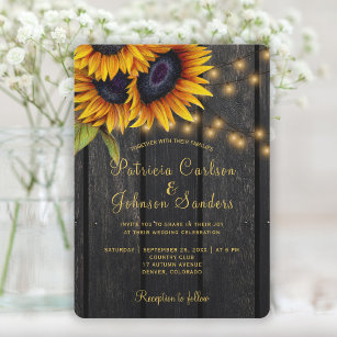 Rustic lights sunflower barn wood wedding invitation