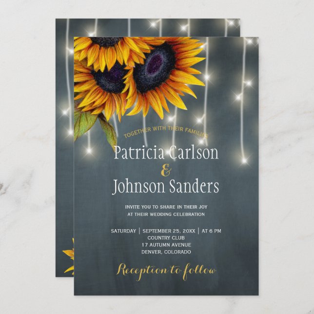 Rustic lights sunflower navy chalkboard wedding invitation (Front/Back)