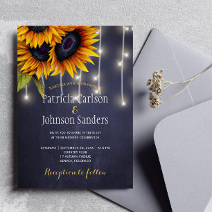 Rustic lights sunflower navy chalkboard wedding invitation