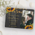 Rustic lights sunflower wood photo wedding invitation<br><div class="desc">Elegant chic summer or fall wedding stylish invitation template on dark brown barn wood featuring beautiful sunflowers bouquets, strings or twinkle lights and a chic faux gold calligraphy script. Easy to personalize with your details and photo! The invitation is suitable for elegant summer or autumn fall rustic country barn weddings....</div>