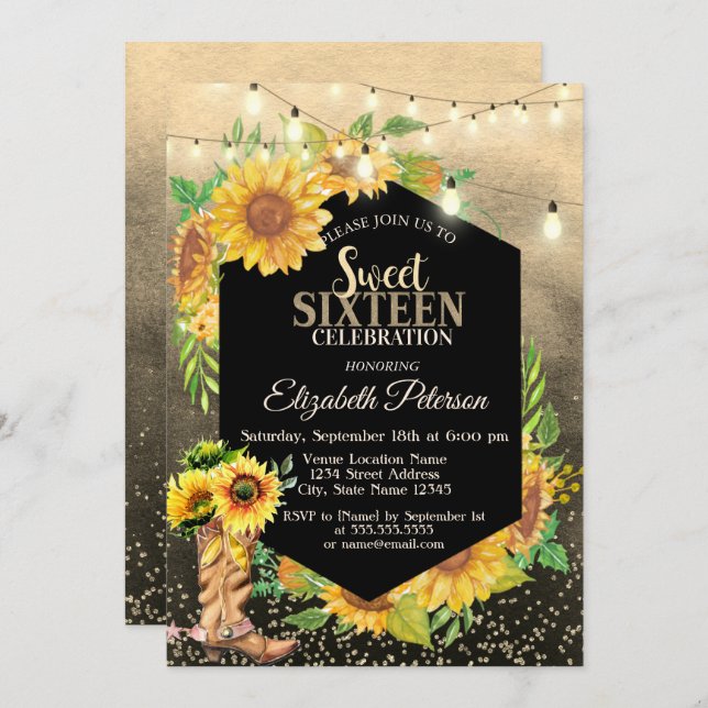 Rustic Lights,Sunflowers Country Sweet 16  Invitation (Front/Back)