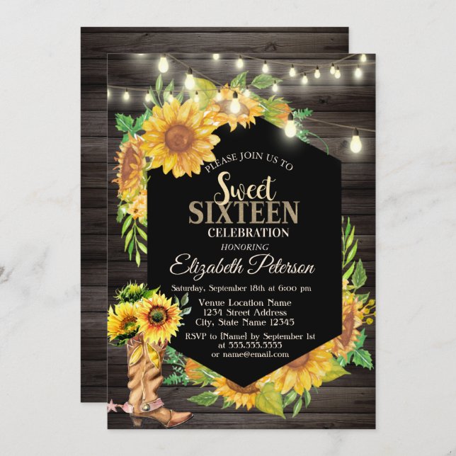 Rustic Lights,Sunflowers Country Wood Sweet 16   Invitation (Front/Back)