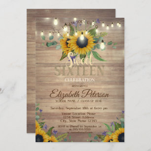 Rustic Lights, Sunflowers Wood Sweet 16 Party  Invitation