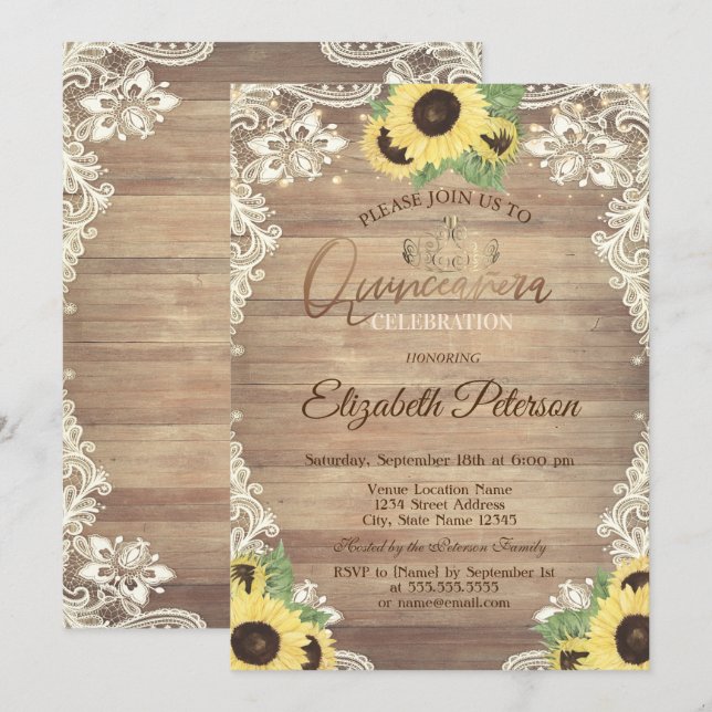 Rustic Lights,Tiara,Lace Sunflowers Quinceañera Invitation (Front/Back)