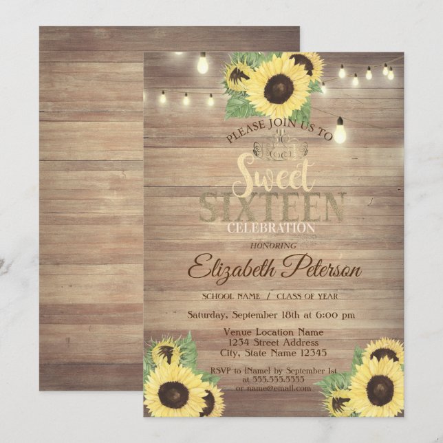 Rustic Lights,Tiara, Sunflowers Sweet 16 Party Invitation (Front/Back)