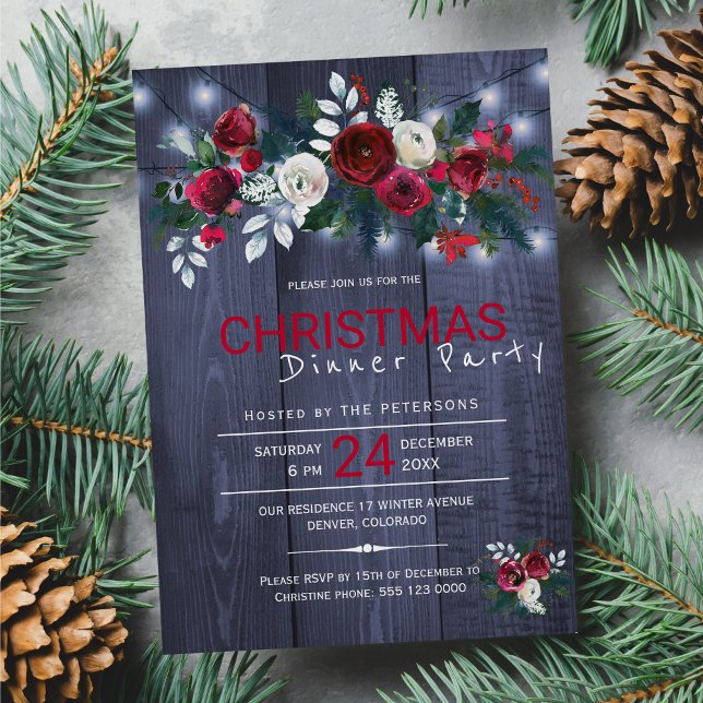 Rustic lights winter floral Christmas dinner party Invitation (Creator Uploaded)