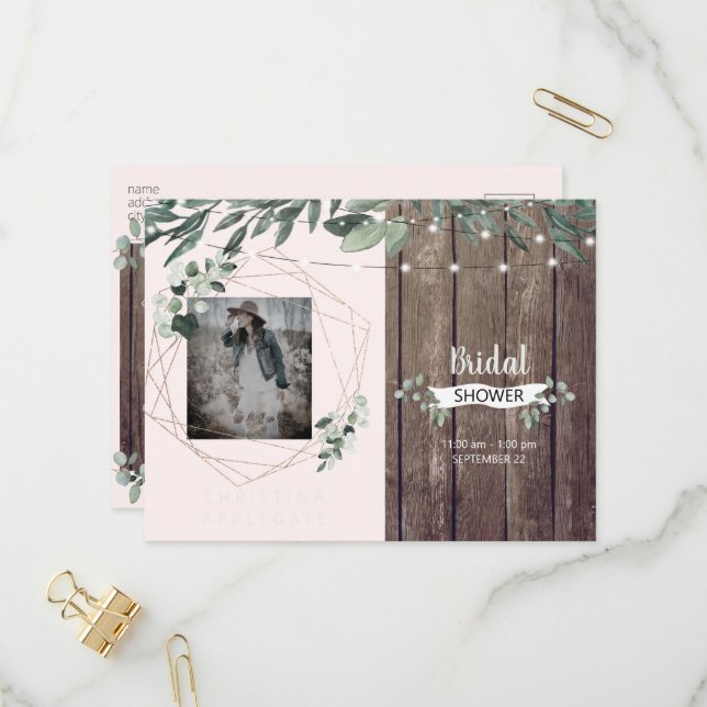 Rustic Lights & Wood Photo Blush Bridal Shower Invitation Postcard (Front/Back In Situ)