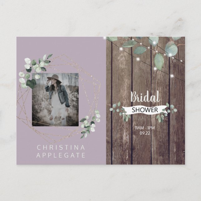 Rustic Lights & Wood Photo Lavender Bridal Shower Invitation Postcard (Front)