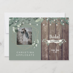 Rustic Lights & Wood Photo Sage Bridal Shower Invitation
