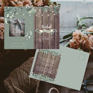 Rustic Lights & Wood Photo Sage Bridal Shower Invitation Postcard