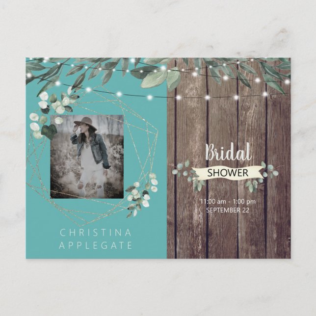 Rustic Lights & Wood Photo Turquoise Bridal Shower Invitation Postcard (Front)
