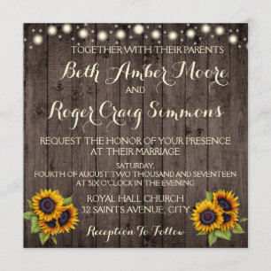 Rustic Lights Wood Sunflower Wedding Invitation