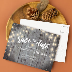 Rustic Lights Wood Wedding Save The Date Announcement Postcard