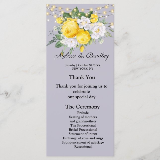 Rustic lights Yellow Floral  Menu.Wedding Program (Front)