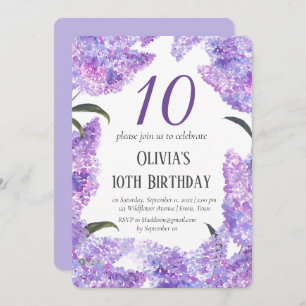Rustic Lilac 10th Birthday Wildflower Birthday Invitation