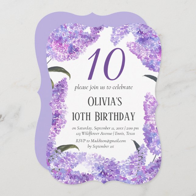 Rustic Lilac 10th Birthday Wildflower Birthday  Invitation (Front/Back)