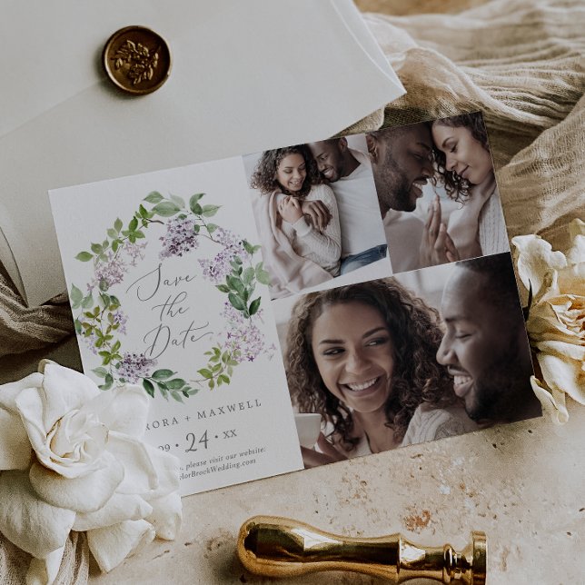 Rustic Lilac 3 Photo Collage Save The Date (Creator Uploaded)