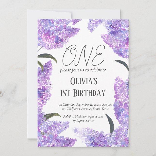 Rustic Lilac First Birthday Wildflower Birthday  Invitation (Front)