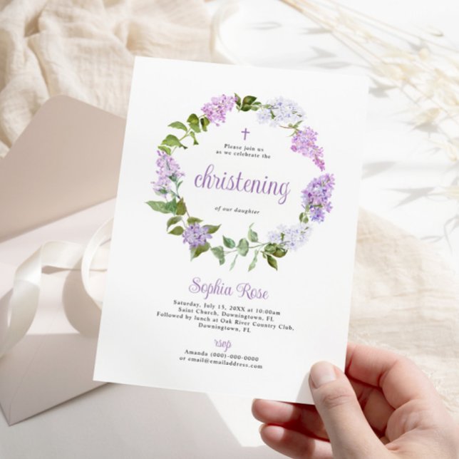 Rustic Lilac Flowers Christening Invitation (Creator Uploaded)