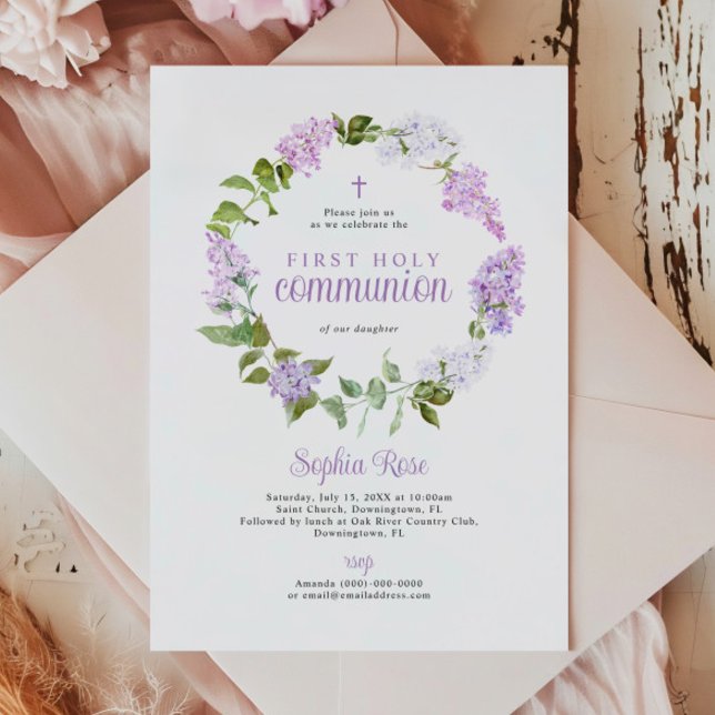 Rustic Lilac Flowers First Holy Communion Invitation (Creator Uploaded)