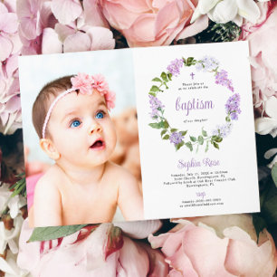 Rustic Lilac Flowers Photo Girl Baptism  Invitation