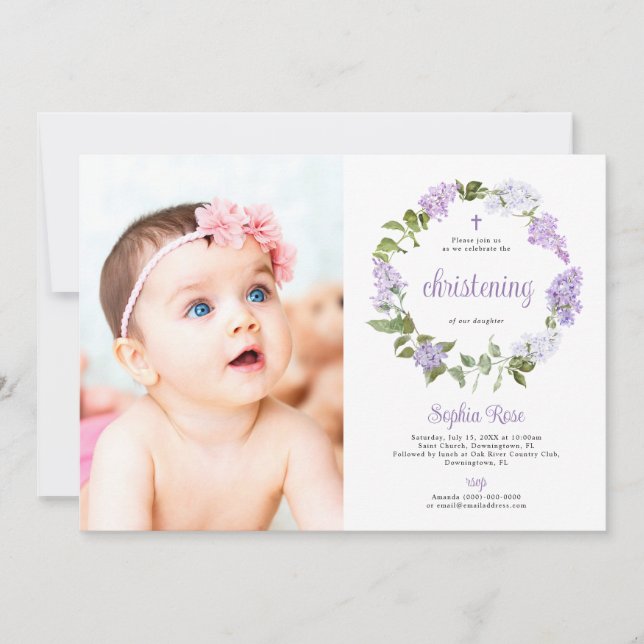 Rustic Lilac Flowers Photo Girl Christening Invitation (Front)