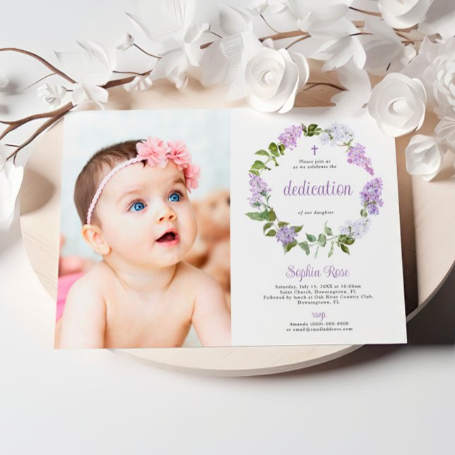 Rustic Lilac Flowers Photo Girl Dedication  Invitation (Creator Uploaded)