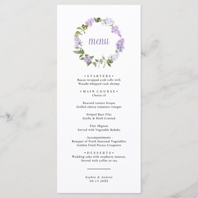 Rustic Lilac Flowers Wedding Menu (Front)