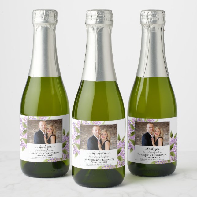 Rustic Lilac Flowers Wedding Thank You Photo Sparkling Wine Label (Bottles)