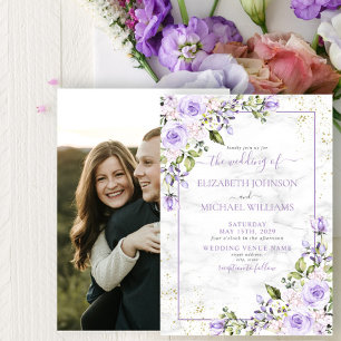 Rustic Lilac Lavender Gold Marble Photo Wedding Invitation