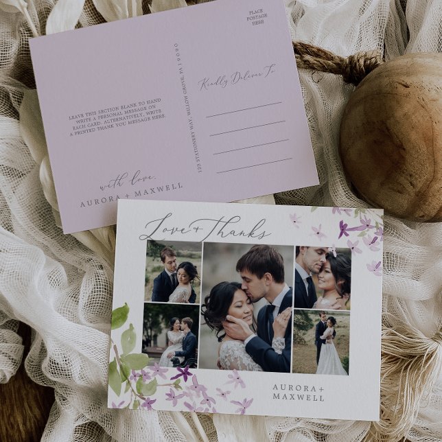 Rustic Lilac Multi Photo Wedding Love and Thanks Postcard (Creator Uploaded)