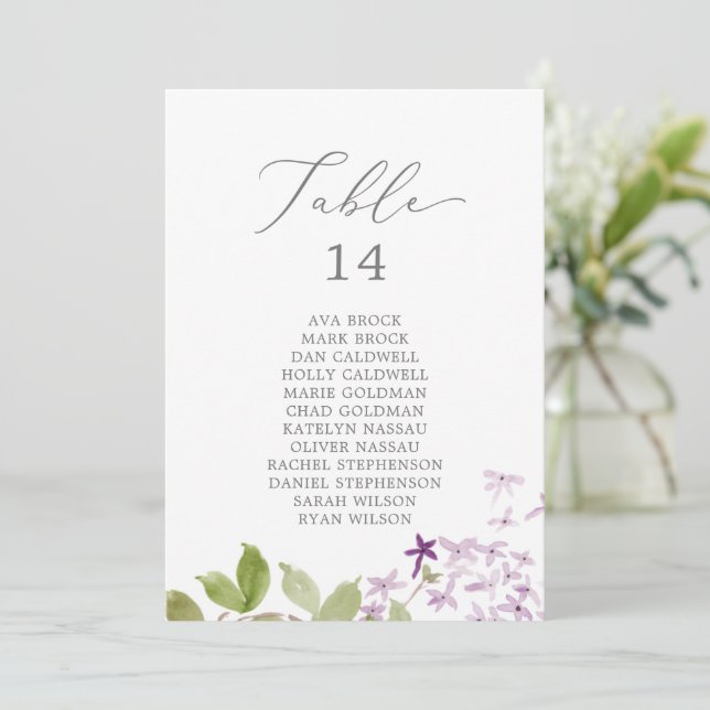 Rustic Lilac Table Number Seating Chart Cards (Standing Front)