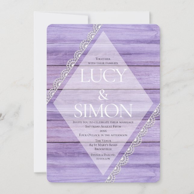 Rustic Lilac Wood & Lace Country  Style Wedding Invitation (Front)