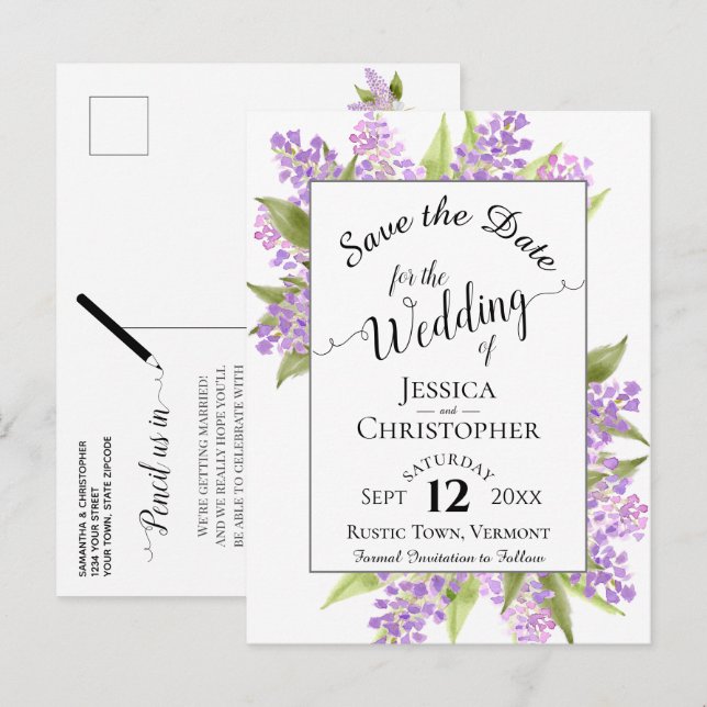 Rustic Lilacs & Calligraphy Wedding Save the Date Announcement Postcard (Front/Back)