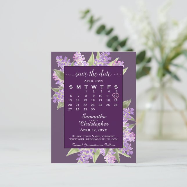 Rustic Lilacs Wedding Save the Date Calendar Plum Announcement Postcard (Standing Front)