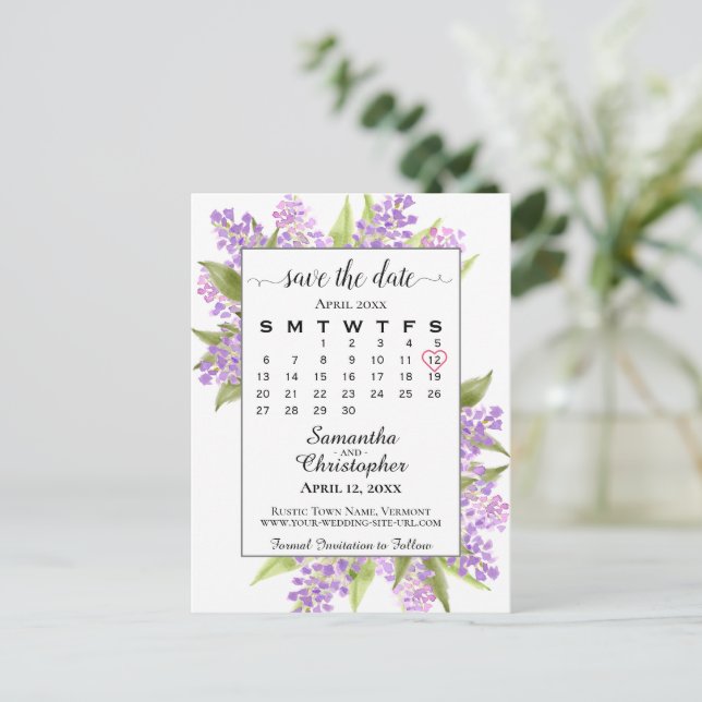 Rustic Lilacs Wedding Save the Date Calendar White Announcement Postcard (Standing Front)