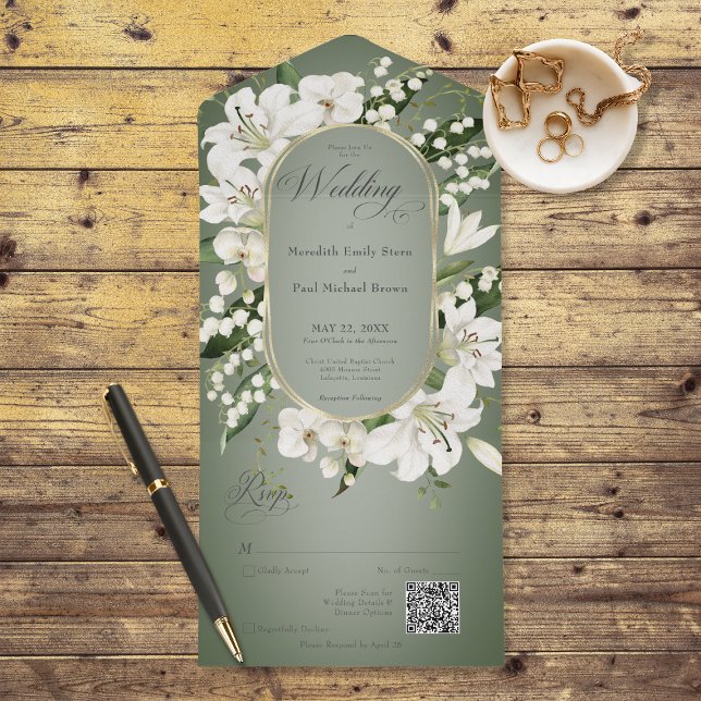 Rustic Lily of the Valley Floral Sage QR Code All In One Invitation (Also available without a QR code; with or without dinner selection options.)