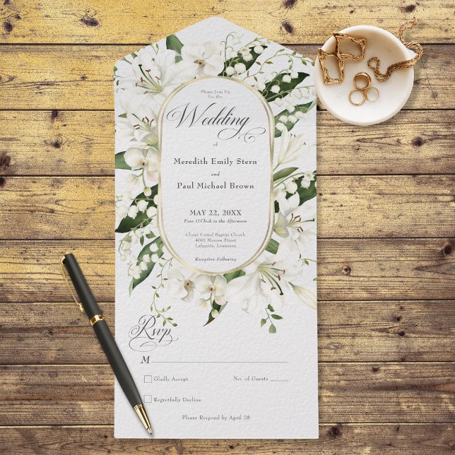 Rustic Lily of the Valley Floral White No Dinner All In One Invitation (Also available with a QR code or with dinner selection options.)