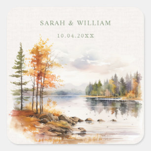 Rustic linen and fall lake Wedding Sticker