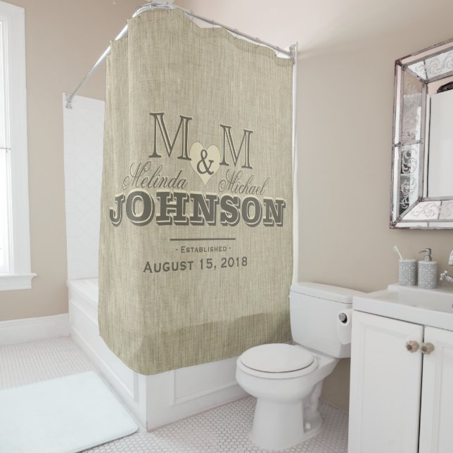 Rustic Linen and Heart Monogram Wedding Shower Curtain (In Situ)