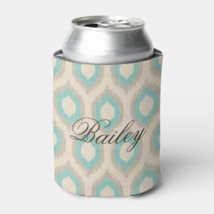 Rustic Linen Beige and Aqua Ikat Monogram Can Cooler