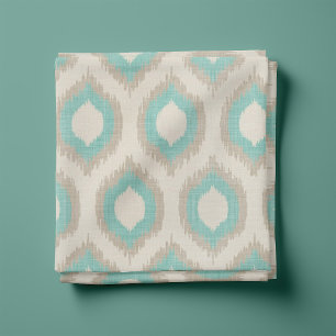 Rustic Linen Beige and Aqua Ikat Print Fabric